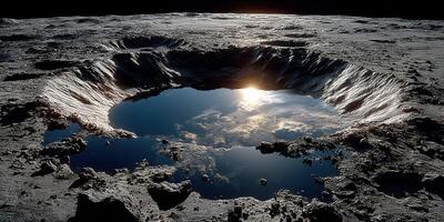 Moon crater reflecting sunlight with a tranquil lunar lake at dawn photo