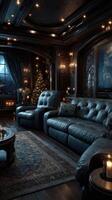 Cozy winter evening in a luxurious living room with festive decor and soft lighting creating an inviting atmosphere photo