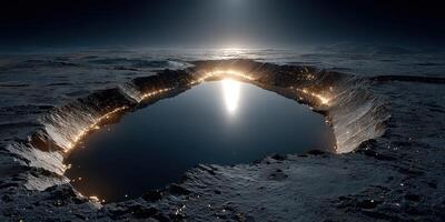 Vast crater illuminated by cosmic light on an alien moon's surface at night photo