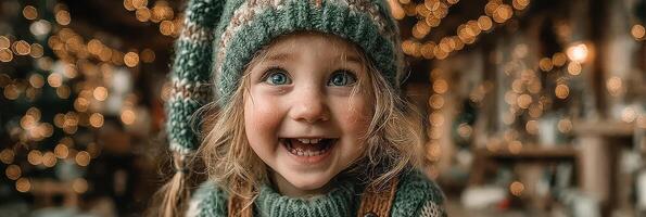 Smiling child in winter hat enjoying festive atmosphere indoors with warm lights and holiday decorations photo