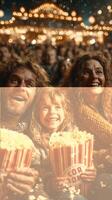 Family enjoys a fun evening at an outdoor movie event during a festive night photo