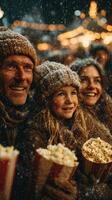 Family enjoys winter festivities with popcorn and joy during a snowy evening at the holiday market photo