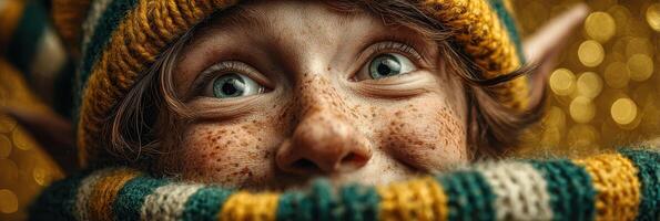 Child with vibrant eyes and freckles smiling warmly while wearing a colorful knitted hat against a festive golden backdrop during winter photo