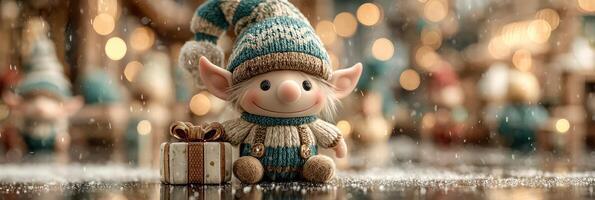 Cheerful holiday elf surrounded by soft lights and presents in a festive winter setting photo