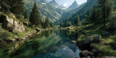 Tranquil mountain lake reflecting tall pine trees under a clear sky in a serene valley during daylight hours photo