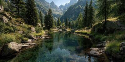 Serene mountain landscape with a clear lake and lush greenery in the afternoon light photo