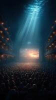 Evocative atmosphere captures a packed theater of diverse audience gazing at stunning visual display during the sunset photo