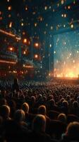 Crowded theater with warm lights during a performance in an ornate venue photo
