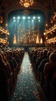 Audience enjoys festive performance in historic theater filled with holiday lights and decorations photo