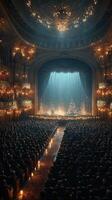 Audience gathers for a festive performance in an ornate theater with a beautifully decorated stage during the holiday season photo