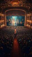 grande audiencia relojes un cautivador En Vivo actuación en etapa en un hermosamente adornado teatro a noche foto