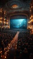 Dramatic theater performance captivates audience in grand venue with ornate decor and enchanting lighting photo