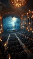 Crowd watches captivating performance at an ornate theater with a dramatic ocean backdrop photo