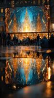 Crowd gathers to admire vibrant light display at evening event in bustling city center photo