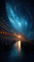 Spectators gather in awe at a cosmic-themed event inside a futuristic auditorium photo