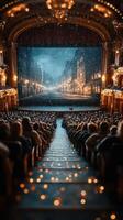 Crowd enjoys a captivating theater performance under dazzling lights and winter atmosphere photo