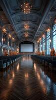 Elegant interior of a grand hall adorned with holiday decorations during a winter evening event photo