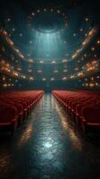 Elegant empty theater illuminated by soft beams of light with rows of red seats awaiting an audience photo