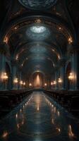Elegant interior of an ornate hall with intricate design and soft lighting photo