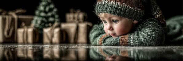 Child gazing at Christmas gifts while lying on a reflective surface during the holiday season photo
