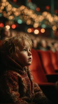 Child watches intently during a live performance in a cozy theater filled with festive lights photo