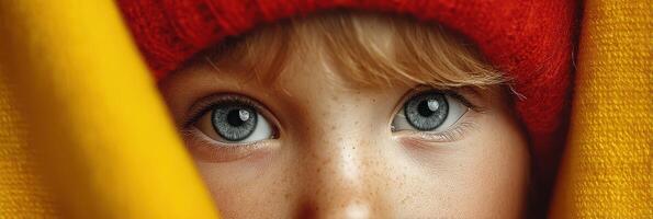 Close-up view of a child with striking blue eyes and a red beanie, peeking from behind bright yellow and orange fabric during a chilly day photo