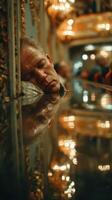 Man resting with head on a table during an event in a glamorous venue illuminated by chandeliers photo