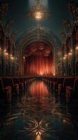 Elegant theater interior with red velvet curtains and ornate architecture during a dramatic stage setup photo