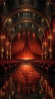 Elegant theater interior showcasing rich red curtains and polished floor in a classic architectural design, perfect for performances and events photo