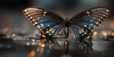 Butterfly resting on a wet surface with glistening water droplets in a soft-lit environment photo