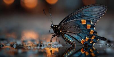 Close-up of a vibrant butterfly on a wet surface during twilight with a blurred background photo