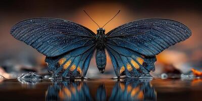 Vibrant blue butterfly resting on water with a blurred background at sunset photo