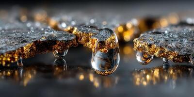 Glimmering droplets rest on textured surfaces reflecting golden hues in artistic arrangement photo