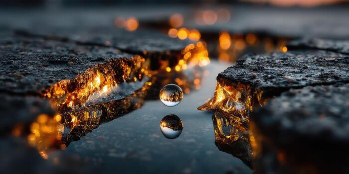 Reflection of sunset light in a droplet on cracked pavement during golden hour photo