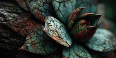Exotic succulent plant with textured leaves growing on weathered wood in a natural setting photo
