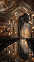 Elegant theater interior with ornate decorations and shimmering floor at night photo