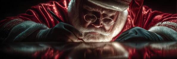 Santa Claus writing letters in a cozy workshop during the holiday season photo