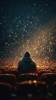 Person sits alone in a movie theater surrounded by sparkling lights and empty seats during an evening screening photo