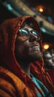 Attending a performance wearing an orange hooded jacket and glasses while thoughtfully observing the stage in a theater setting photo