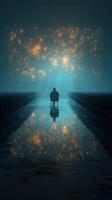 Mystical atmosphere surrounds a lone figure seated in an empty hall illuminated by shimmering lights photo