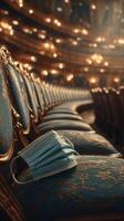 Masks left on ornate theater seats during a performance intermission in a historic venue at dusk photo