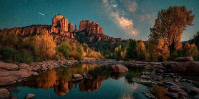 Starry night over red rock formations and tranquil river in the desert landscape of Sedona, Arizona photo