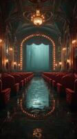 Elegant vintage theater with red seats and misty forest backdrop creates an enchanting atmosphere photo