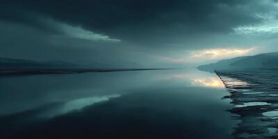 Serene landscape at twilight with reflections on calm waters and cloudy skies in a tranquil setting photo