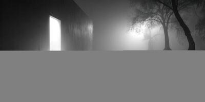 Mysterious doorway in foggy landscape with reflecting water and trees at dusk photo