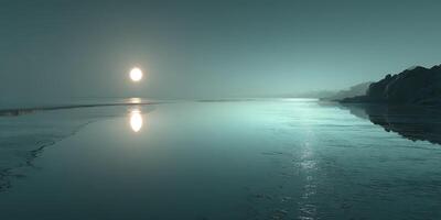 Calm sunset over a serene beach with reflective water and distant cliffs at dusk photo