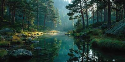 Tranquil forest river reflecting morning light in the serene wilderness photo