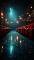 Majestic theater interior with glowing lights and empty red seats captured in tranquil evening atmosphere photo