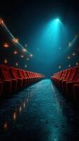 Empty theater with red seats and blue spotlight illuminating the center aisle during a quiet moment photo