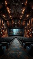 Elegant movie theater decorated for the holidays with plush seating and festive trees in a vibrant atmosphere photo